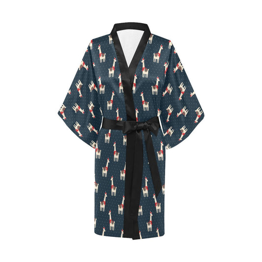 Llama with Polka Dot Themed Print Women Short Kimono Robe