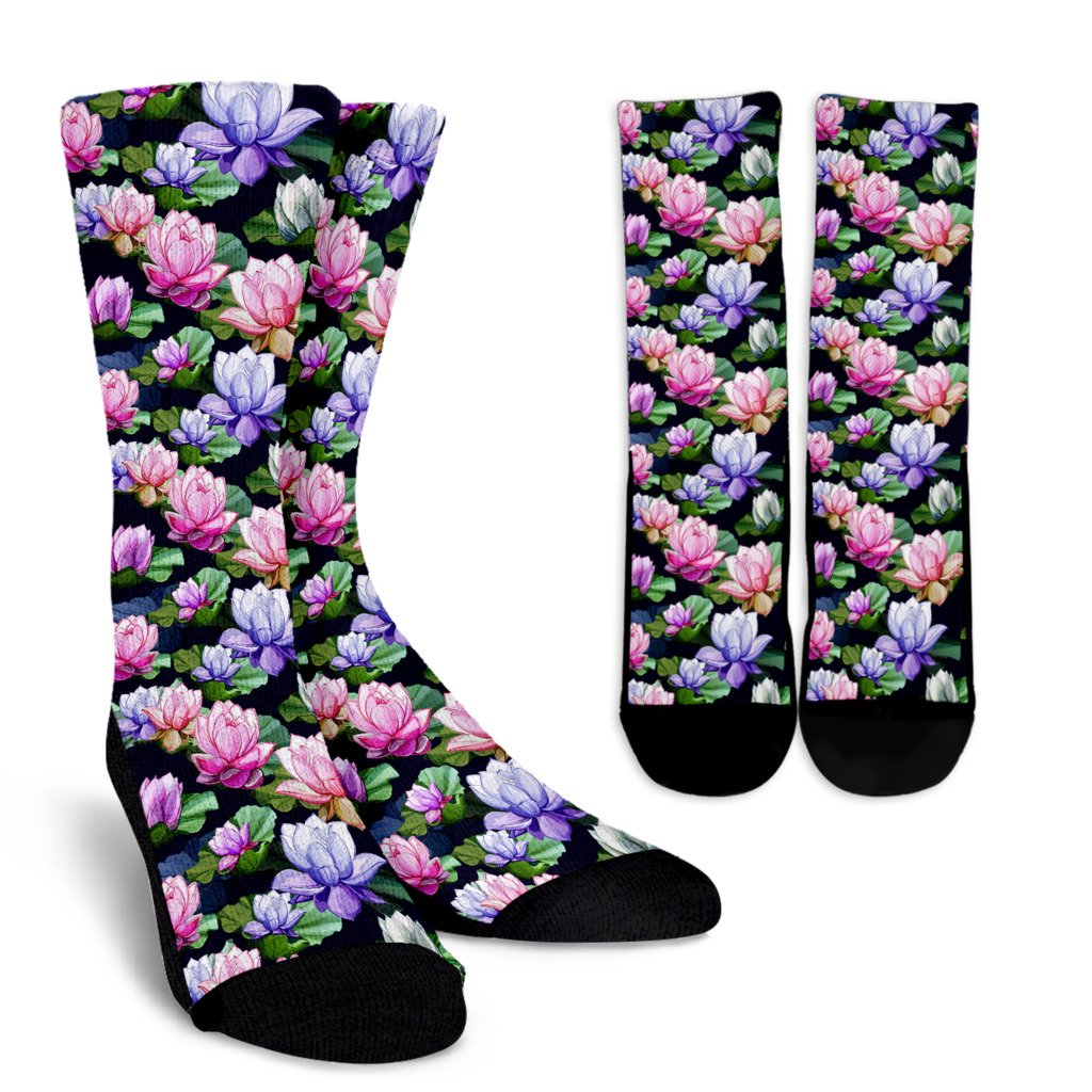 Lotus Flower Print Design Crew Socks