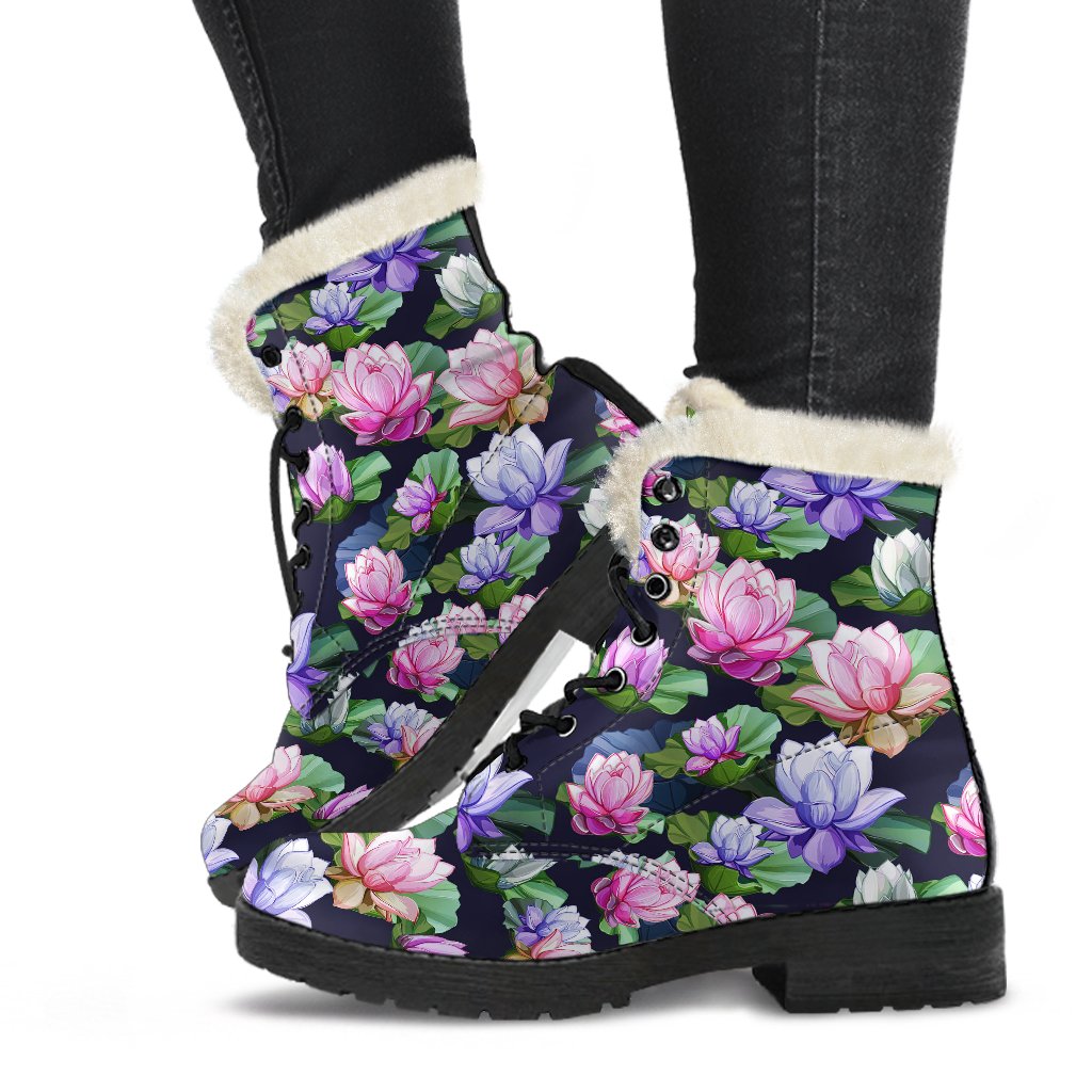 Lotus Flower Print Design Faux Fur Leather Boots-JTAMIGO.COM