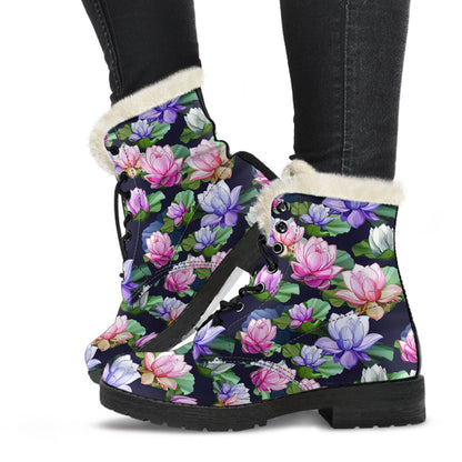 Lotus Flower Print Design Faux Fur Leather Boots-JTAMIGO.COM