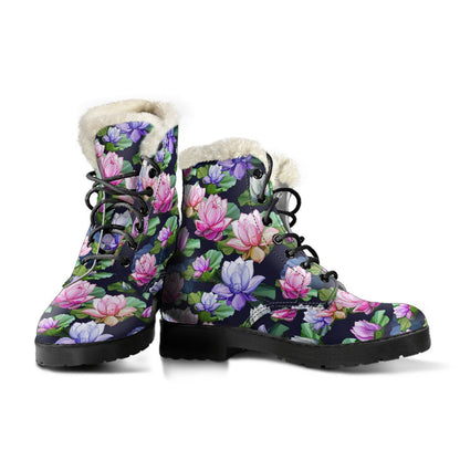 Lotus Flower Print Design Faux Fur Leather Boots-JTAMIGO.COM