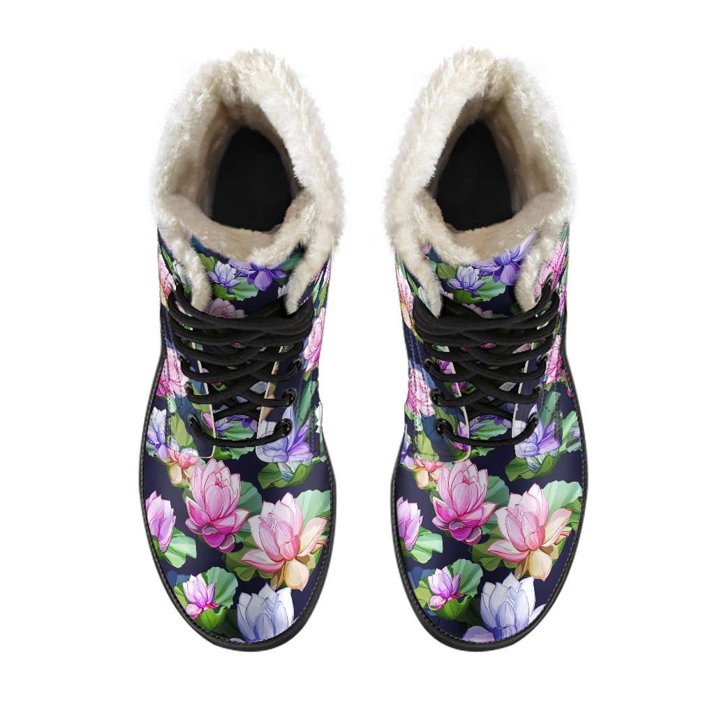 Lotus Flower Print Design Faux Fur Leather Boots-JTAMIGO.COM