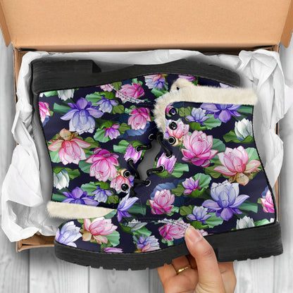 Lotus Flower Print Design Faux Fur Leather Boots-JTAMIGO.COM