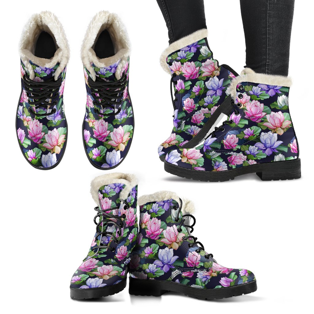 Lotus Flower Print Design Faux Fur Leather Boots-JTAMIGO.COM