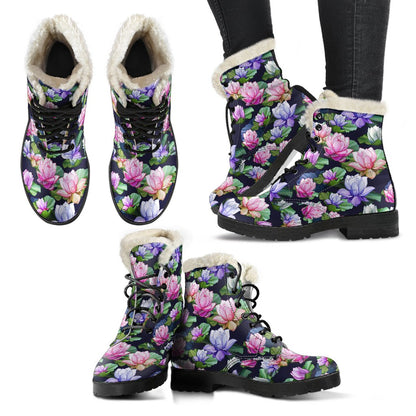 Lotus Flower Print Design Faux Fur Leather Boots-JTAMIGO.COM