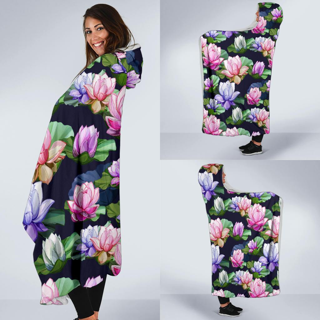 Lotus Flower Print Design Hooded Blanket-JTAMIGO.COM