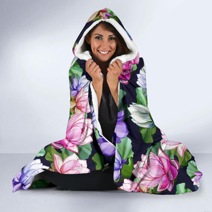 Lotus Flower Print Design Hooded Blanket-JTAMIGO.COM