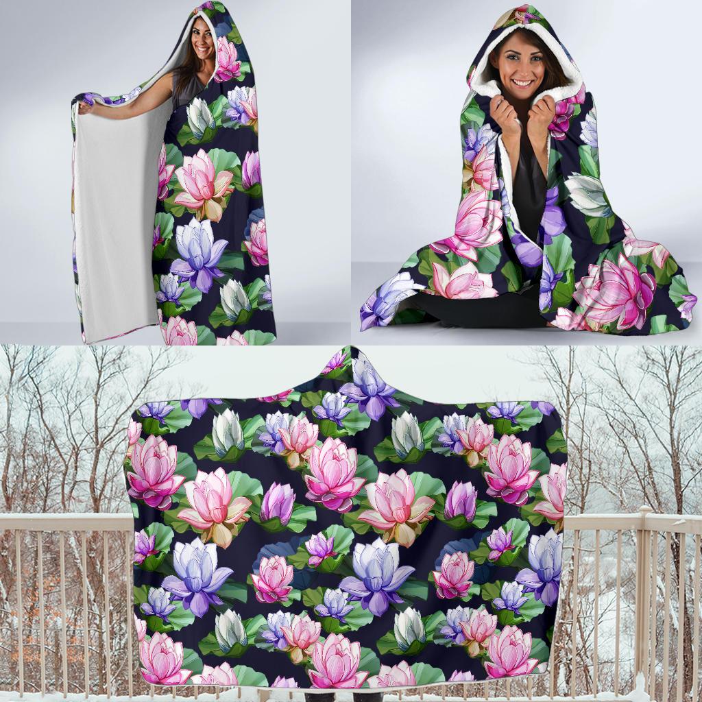 Lotus Flower Print Design Hooded Blanket-JTAMIGO.COM