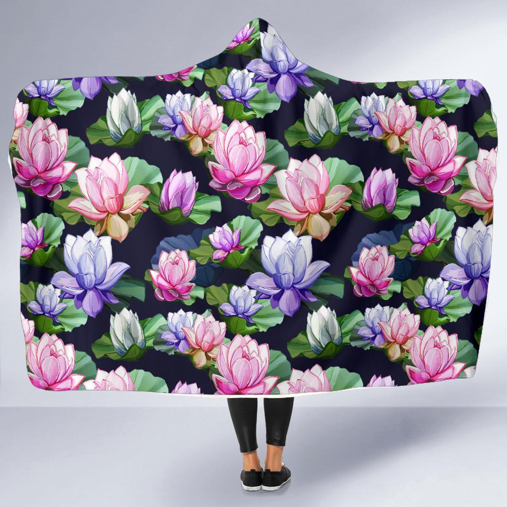 Lotus Flower Print Design Hooded Blanket-JTAMIGO.COM