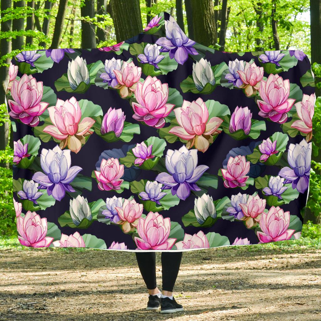 Lotus Flower Print Design Hooded Blanket-JTAMIGO.COM