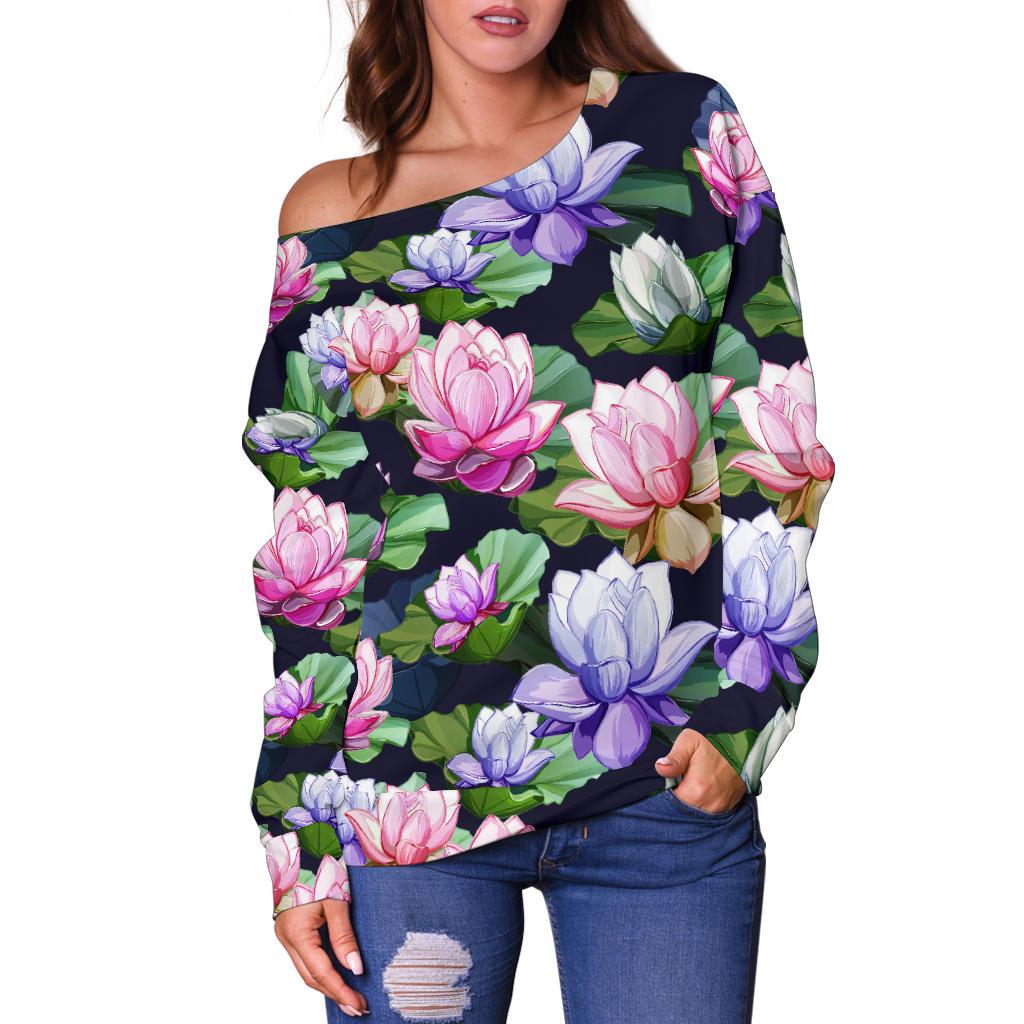 Lotus Flower Print Design Off Shoulder Sweatshirt
