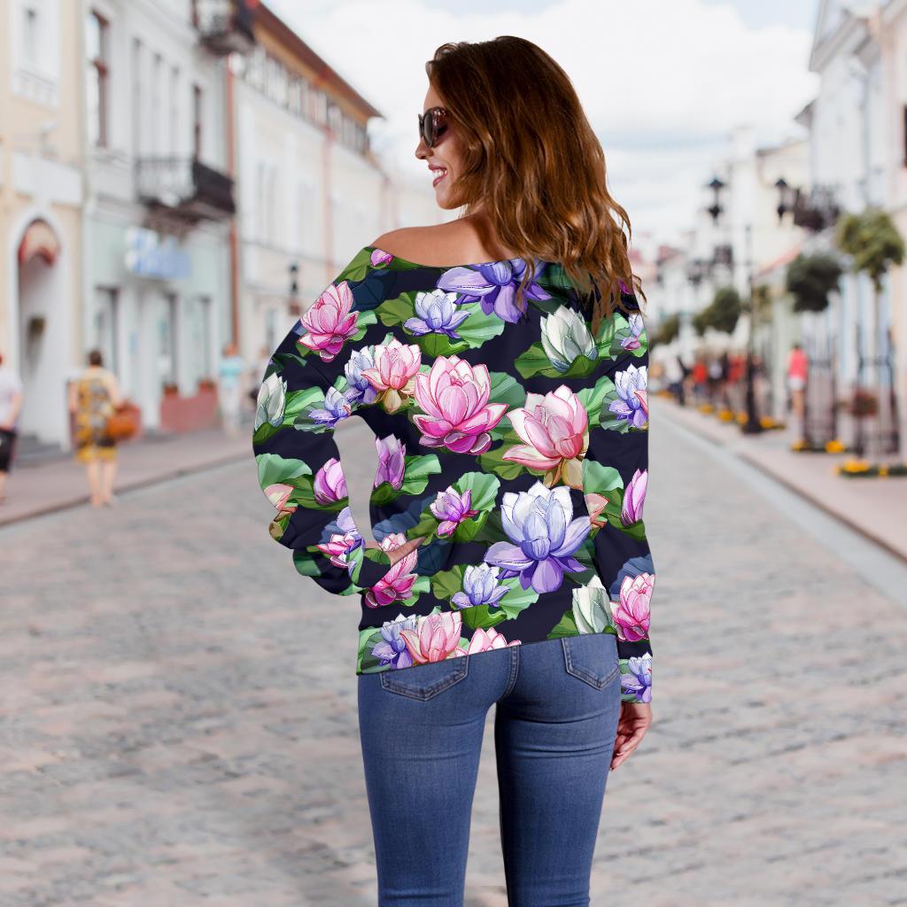 Lotus Flower Print Design Off Shoulder Sweatshirt