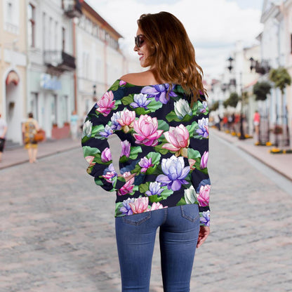 Lotus Flower Print Design Off Shoulder Sweatshirt