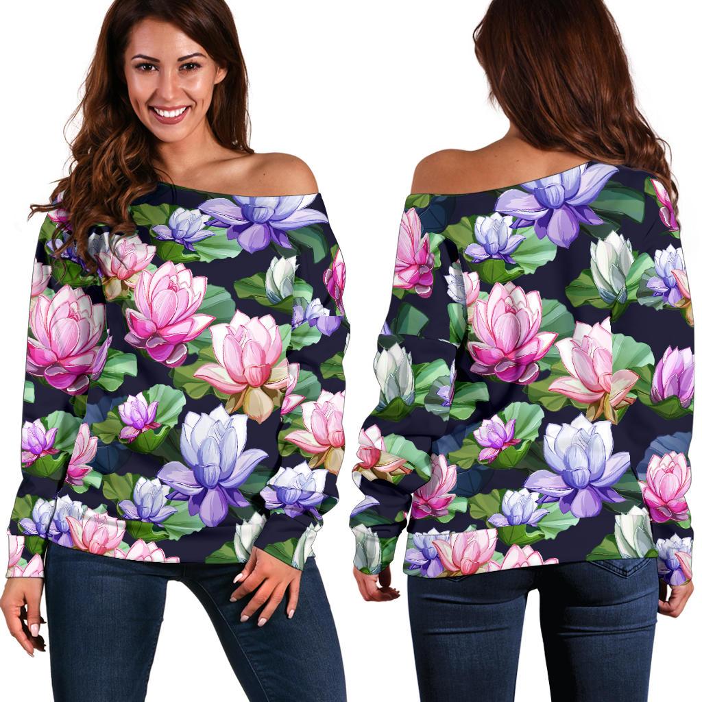 Lotus Flower Print Design Off Shoulder Sweatshirt