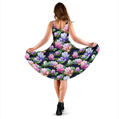 Lotus Flower Print Design Sleeveless Dress