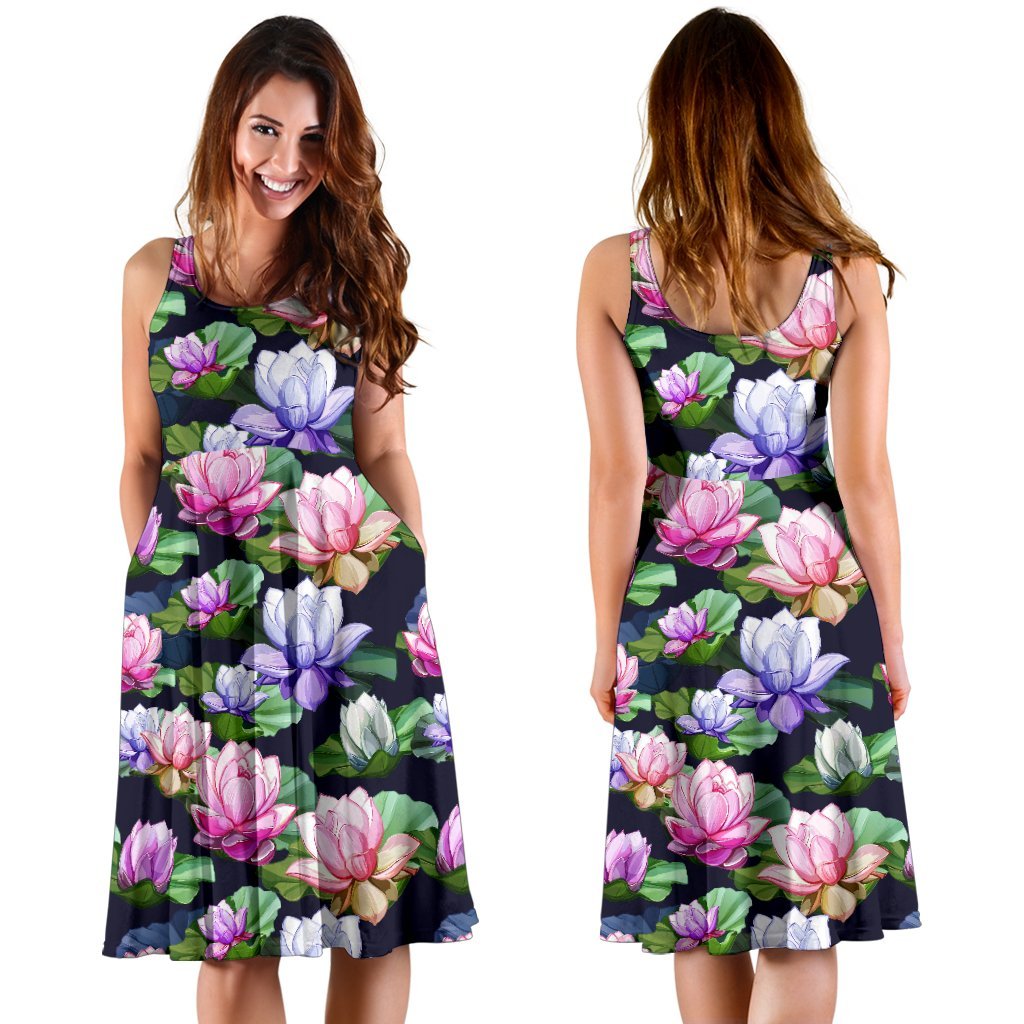 Lotus Flower Print Design Sleeveless Dress