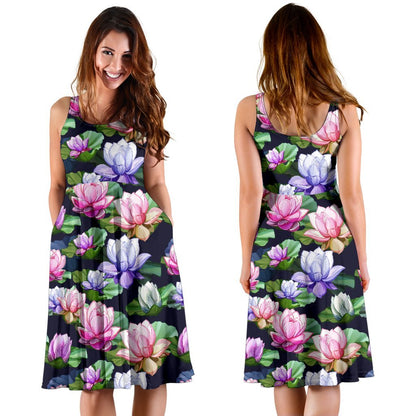 Lotus Flower Print Design Sleeveless Dress