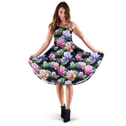 Lotus Flower Print Design Sleeveless Dress