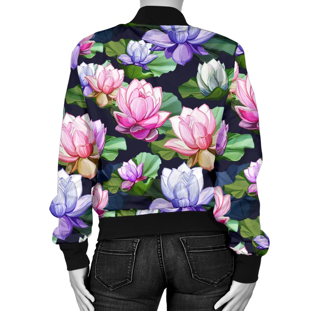 Lotus Flower Print Design Women Casual Bomber Jacket