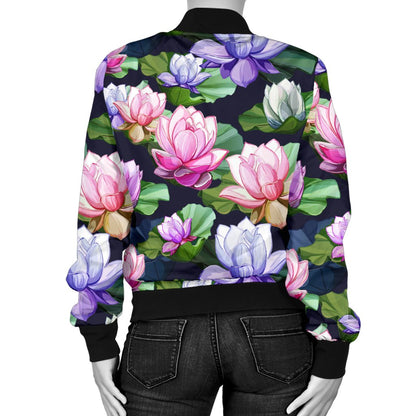 Lotus Flower Print Design Women Casual Bomber Jacket