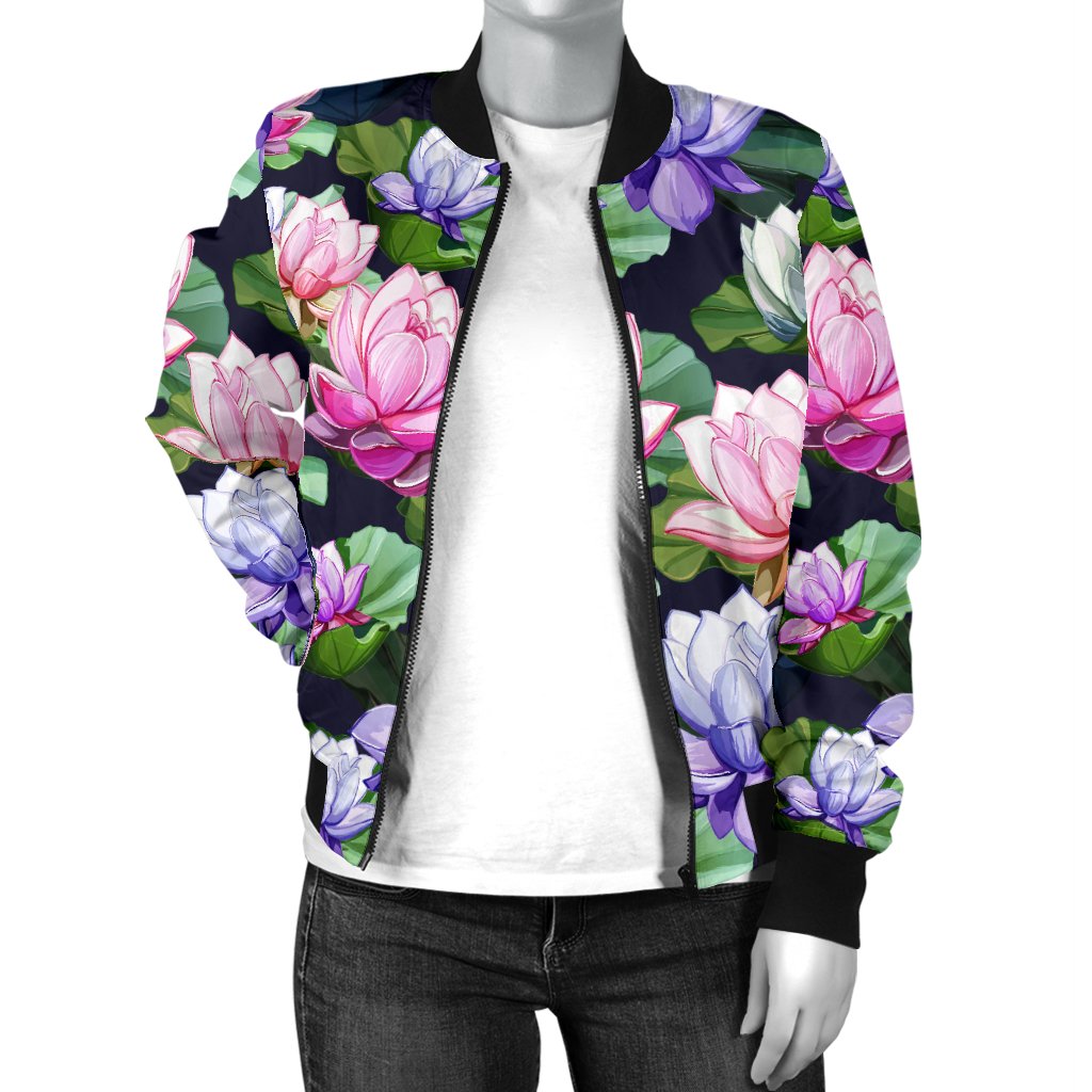 Lotus Flower Print Design Women Casual Bomber Jacket