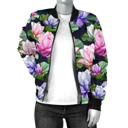 Lotus Flower Print Design Women Casual Bomber Jacket
