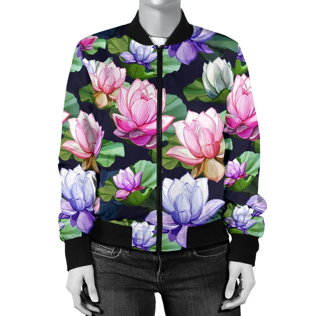 Lotus Flower Print Design Women Casual Bomber Jacket