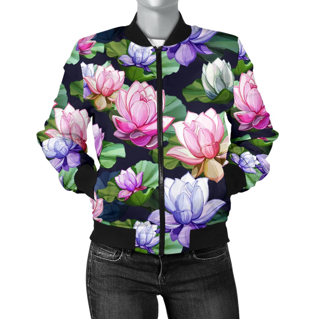 Lotus Flower Print Design Women Casual Bomber Jacket