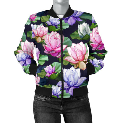 Lotus Flower Print Design Women Casual Bomber Jacket