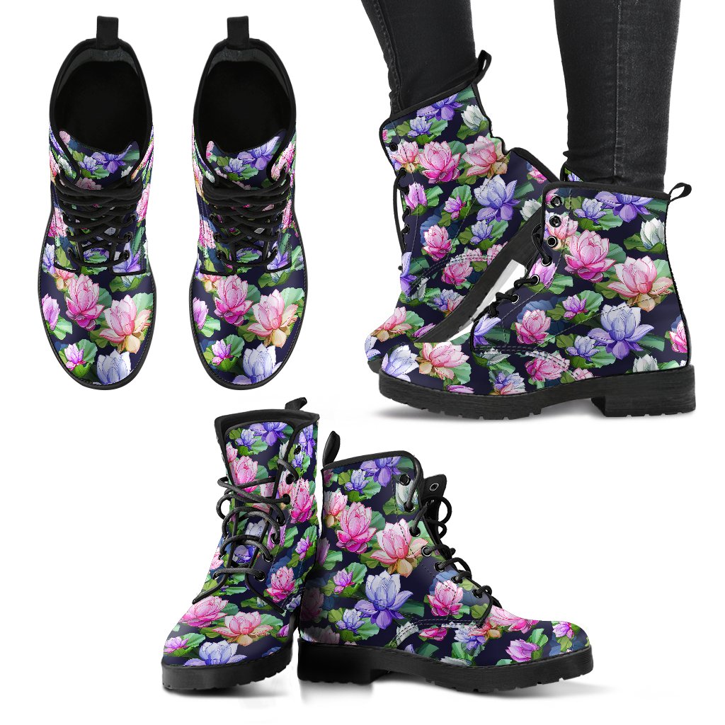 Lotus Flower Print Design Women Leather Boots-JTAMIGO.COM