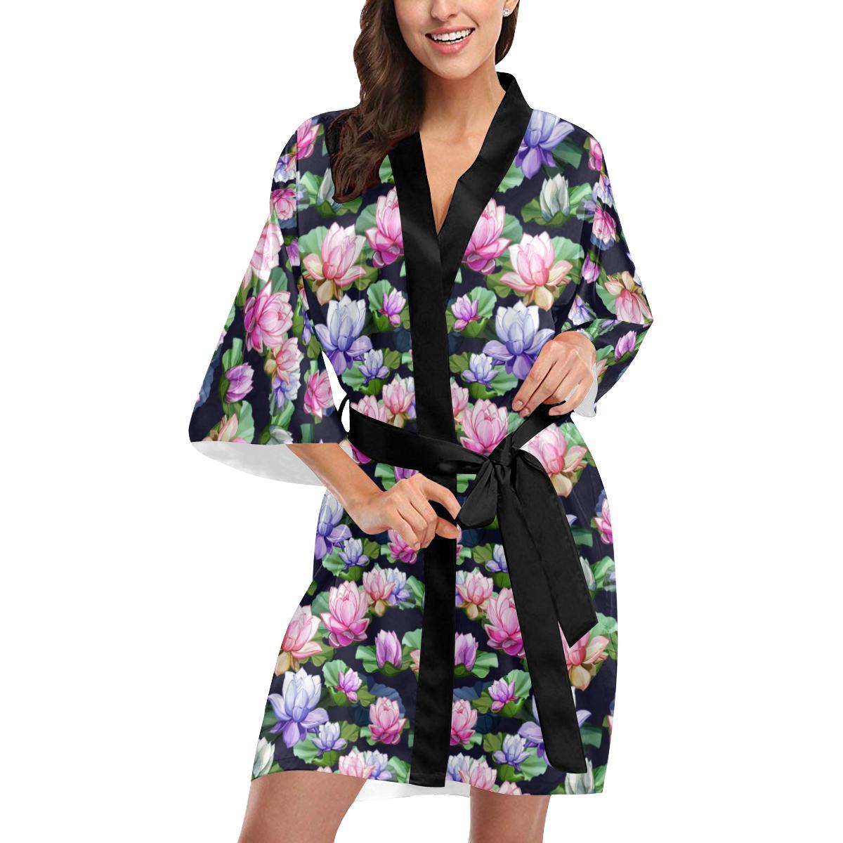 Lotus Flower Print Design Women Short Kimono Robe