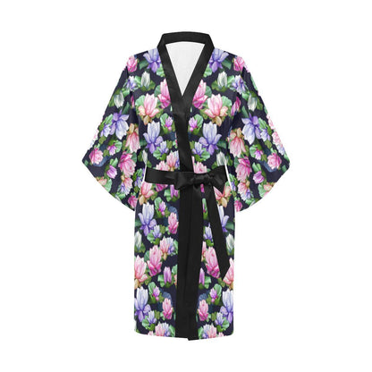 Lotus Flower Print Design Women Short Kimono Robe