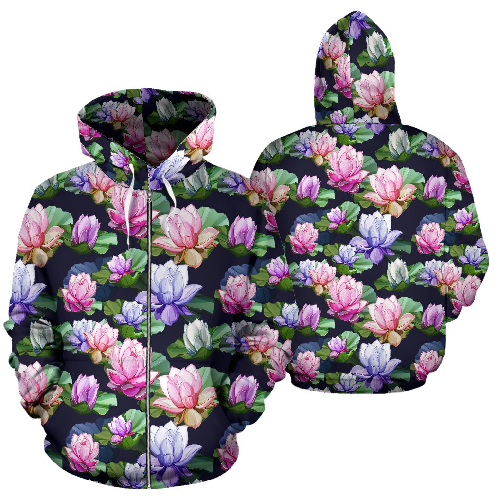Lotus Flower Print Design Zip Up Hoodie