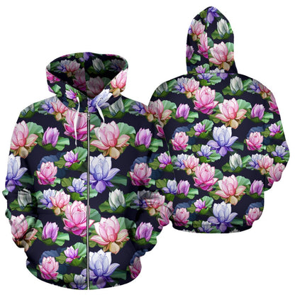 Lotus Flower Print Design Zip Up Hoodie