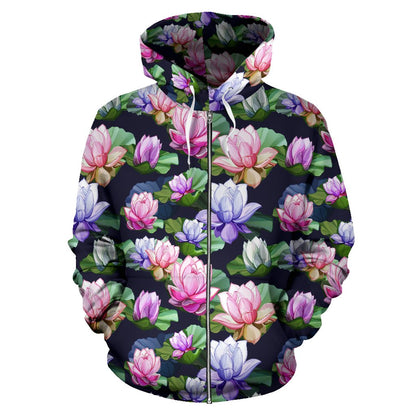 Lotus Flower Print Design Zip Up Hoodie