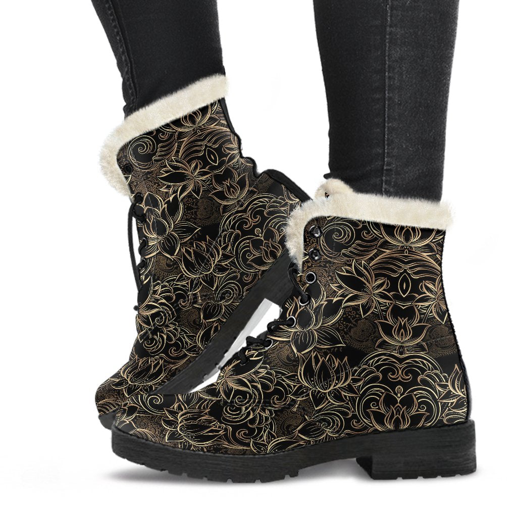 Lotus Gold Mandala Design Themed Faux Fur Leather Boots-JTAMIGO.COM