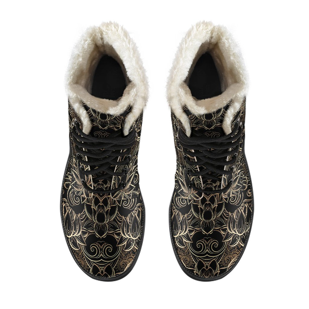 Lotus Gold Mandala Design Themed Faux Fur Leather Boots-JTAMIGO.COM