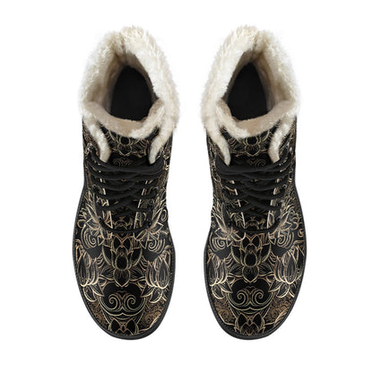 Lotus Gold Mandala Design Themed Faux Fur Leather Boots-JTAMIGO.COM