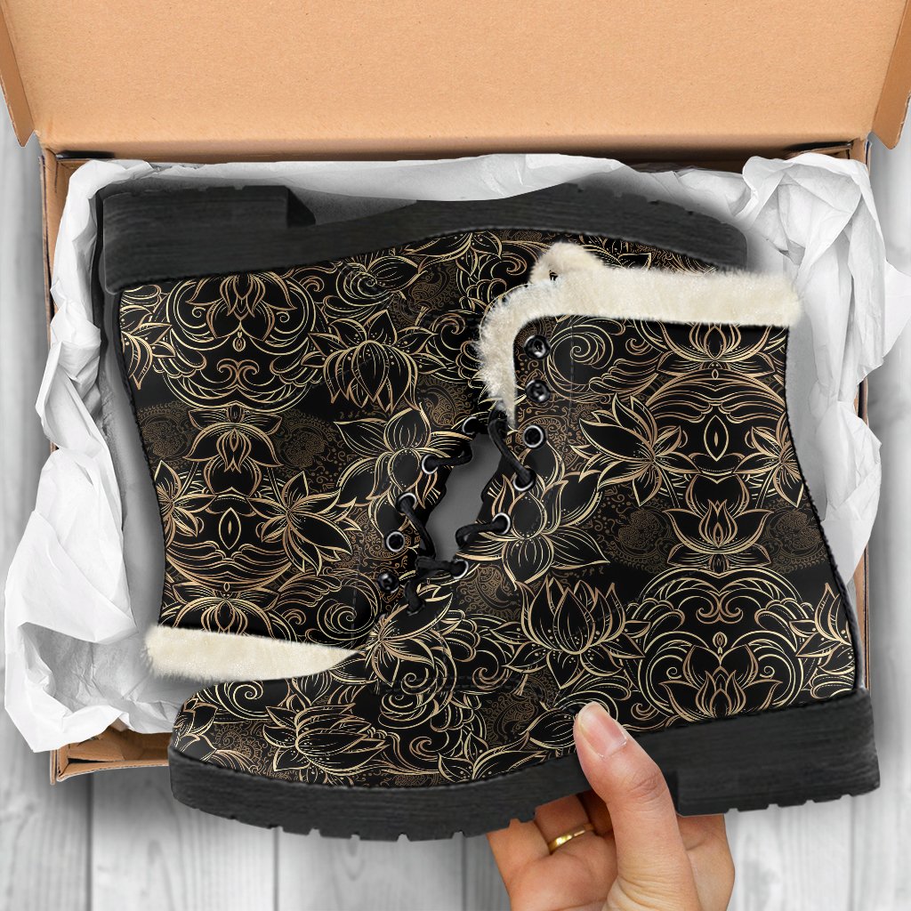 Lotus Gold Mandala Design Themed Faux Fur Leather Boots-JTAMIGO.COM