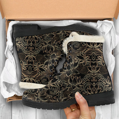 Lotus Gold Mandala Design Themed Faux Fur Leather Boots-JTAMIGO.COM