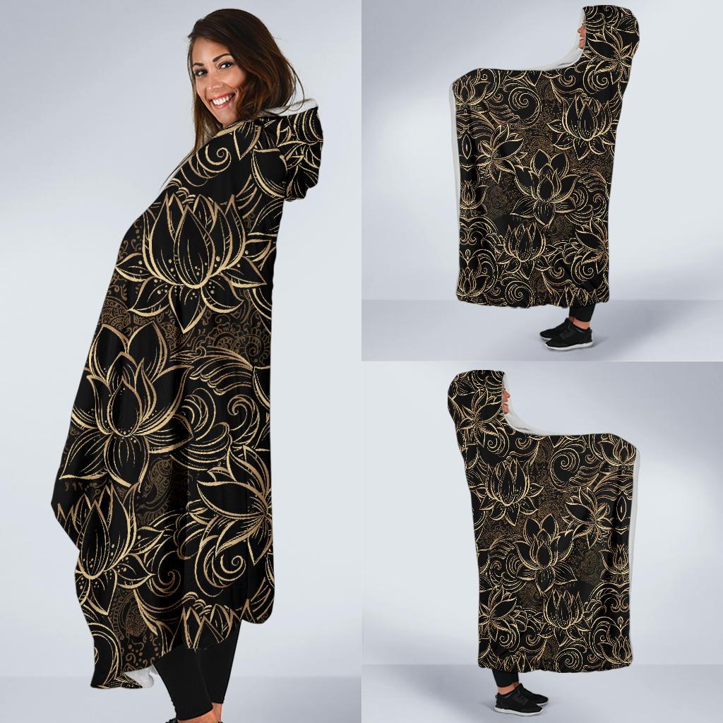 Lotus Gold Mandala Design Themed Hooded Blanket-JTAMIGO.COM