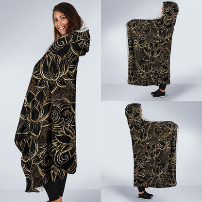 Lotus Gold Mandala Design Themed Hooded Blanket-JTAMIGO.COM