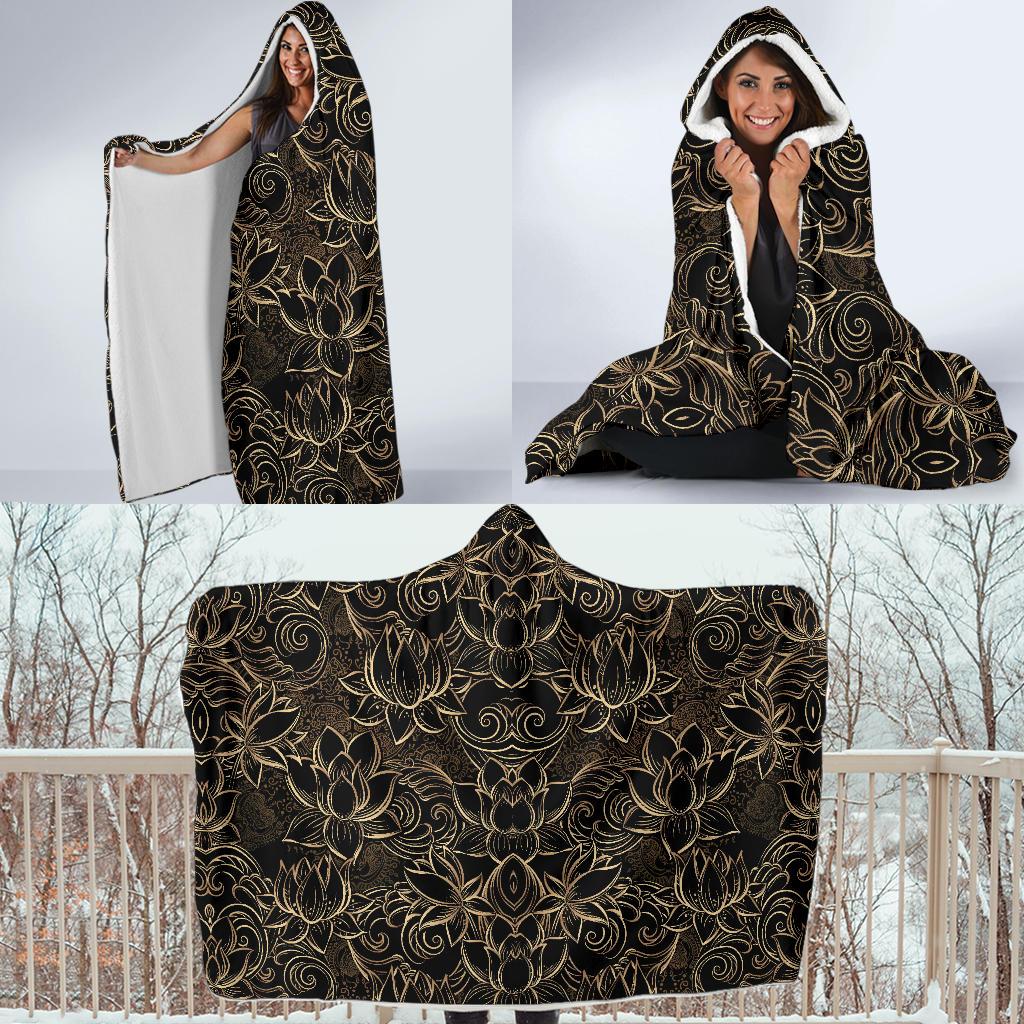 Lotus Gold Mandala Design Themed Hooded Blanket-JTAMIGO.COM