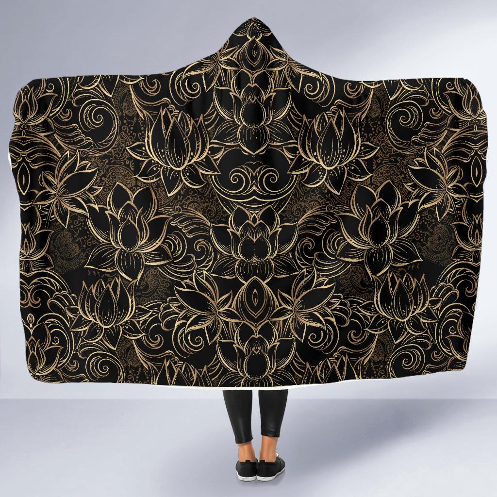 Lotus Gold Mandala Design Themed Hooded Blanket-JTAMIGO.COM