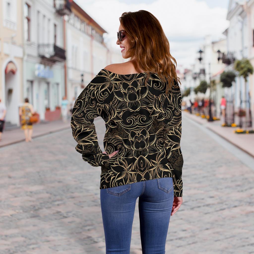 Lotus Gold Mandala Design Themed Off Shoulder Sweatshirt