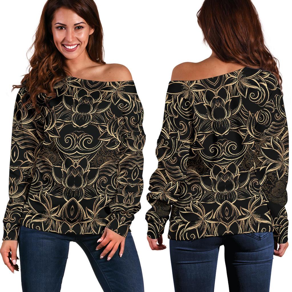 Lotus Gold Mandala Design Themed Off Shoulder Sweatshirt