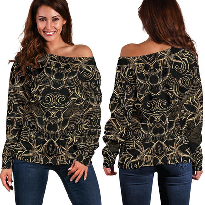 Lotus Gold Mandala Design Themed Off Shoulder Sweatshirt