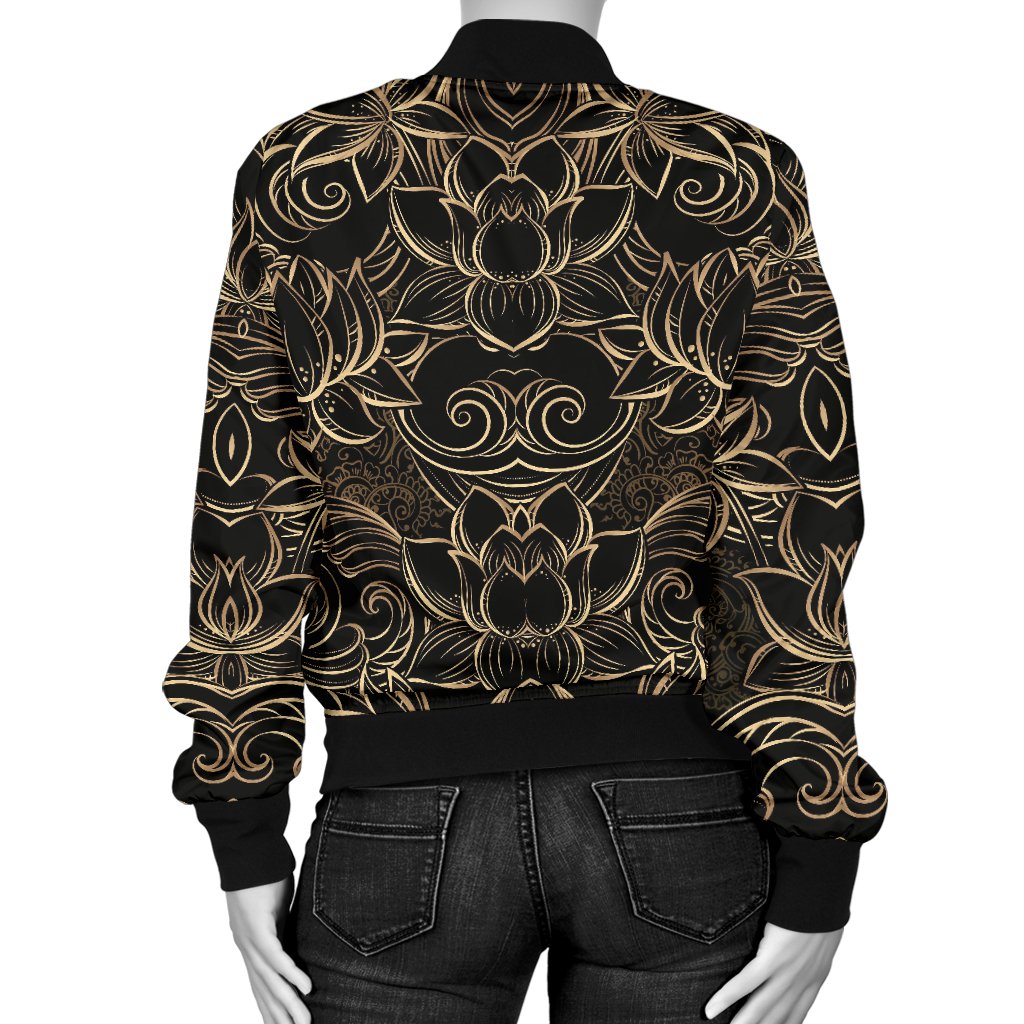 Lotus Gold Mandala Design Themed Women Casual Bomber Jacket