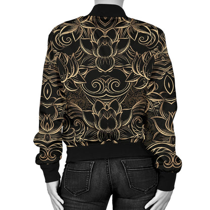 Lotus Gold Mandala Design Themed Women Casual Bomber Jacket