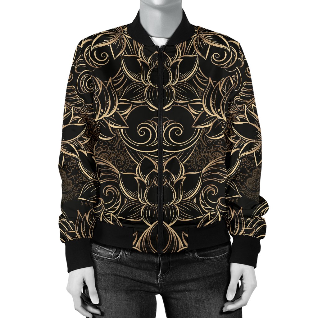 Lotus Gold Mandala Design Themed Women Casual Bomber Jacket